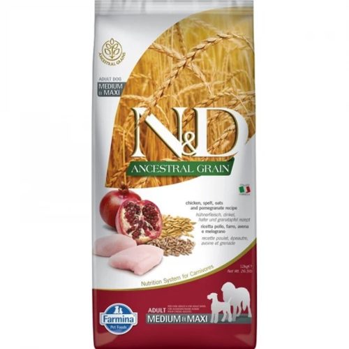 N&D Ancestral Grain Csirke, Tönköly, Zab & Gránátalma Száraz Kutyatáp Közepes és Nagytestű Felnőtt Kutyáknak 12kg - Búzagluténmentes, Alacsony Glikémiás Indexű
