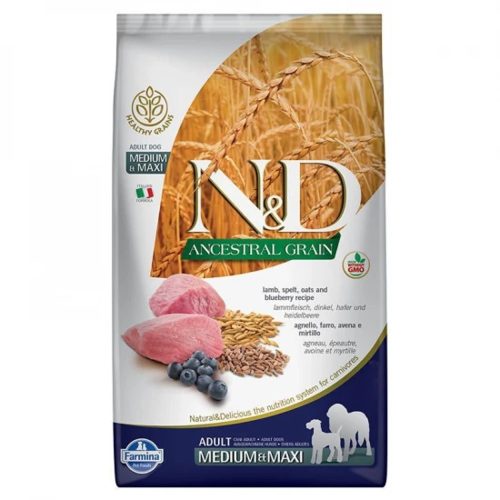 N&D Ancestral Grain Bárány, Tönköly, Zab & Áfonya Száraz Kutyatáp Közepes és Nagytestű Felnőtt Kutyáknak 12kg - Búzagluténmentes, Alacsony Glikémiás Indexű