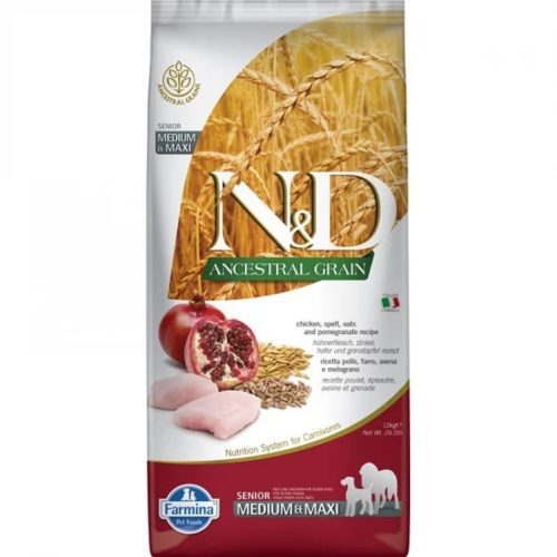 N&D Ancestral Grain Csirke, Tönköly, Zab & Gránátalma Száraz Kutyatáp Idős Közepes és Nagytestű Kutyáknak 12kg - Búzagluténmentes, Alacsony Glikémiás Indexű