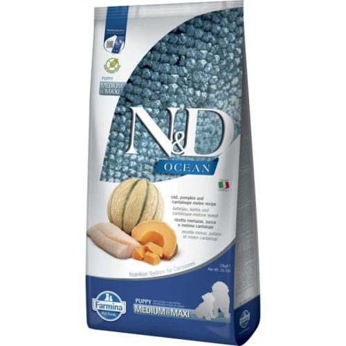 N&D Ocean Tőkehal, Sütőtök & Sárgadinnye Száraz Kutyatáp Közepes és Nagytestű Kölyökkutyáknak 12kg - Gabonamentes, Omega-3 Zsírsavakban Gazdag